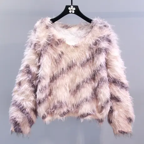 复古毛绒绒撞色条纹毛衣女秋冬2023新款宽松慵懒风短款针织衫上衣商品大图