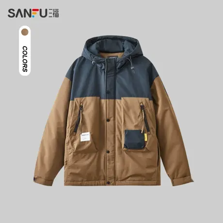 三福2023冬男士撞色小口袋短棉衣 潮流保暖宽松连帽外套478073商品大图