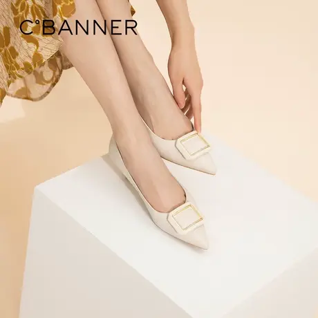 千百度女鞋春季款尖头浅口方扣高跟鞋细跟真皮简约软皮舒适单鞋图片