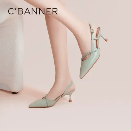 千百度夏季羊皮一字带优雅半凉高跟真皮单鞋后空通勤女鞋气质图片