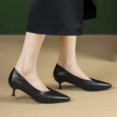 Safiya/索菲娅2023新款二层牛皮粗跟浅口气质高跟鞋百搭时装鞋女商品大图