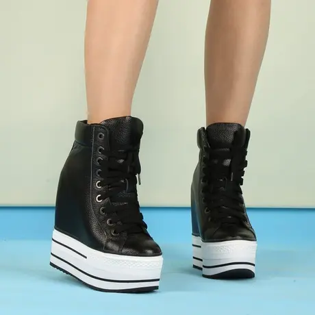 12CM内增高松糕鞋女厚底2023新款坡跟旅游高帮运动休闲鞋真皮女鞋商品大图