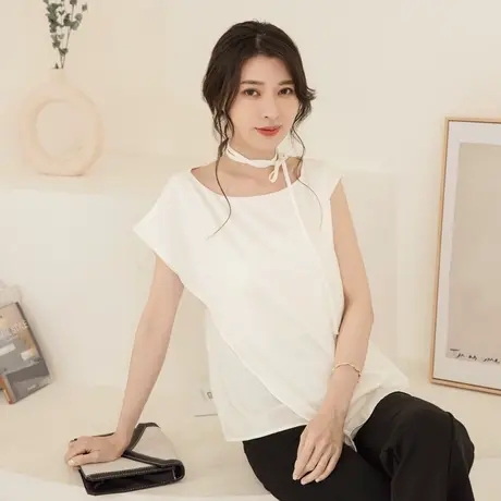 桔熊夏季别致设计感不对称短袖纯色圆领上衣女胖妹妹大码AB18710商品大图