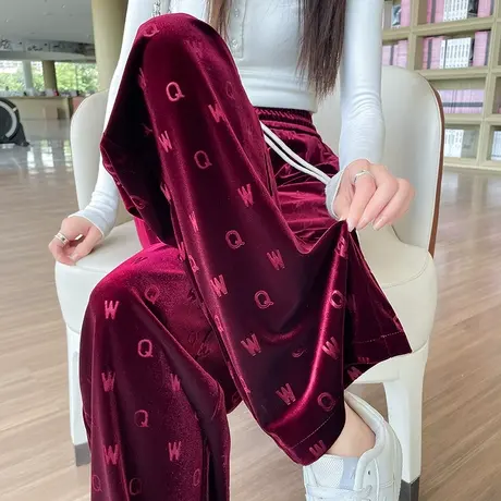 印花金丝绒窄版阔腿裤女2024秋冬新款高腰垂感时尚设计感拖地长裤图片