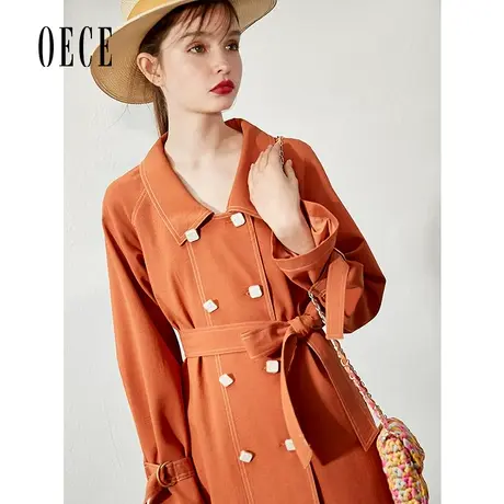 Oece春装新款女装 Chic气质英伦翻领双排扣中长款风衣外套商品大图