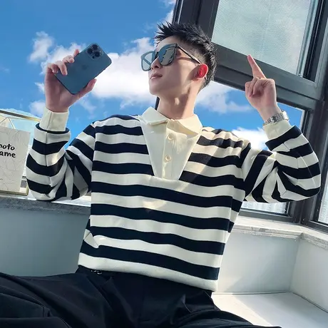 男POIO衫秋冬季新款潮牌潮流条纹翻领卫衣青少年学生情侣ins外套商品大图