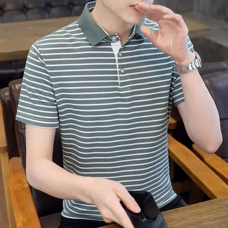 条纹男士短袖翻领POLO衫韩版休闲半袖有领T恤学生纯棉夏季上衣服商品大图