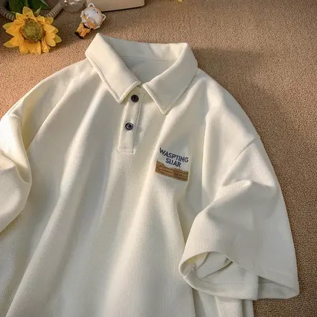 贴标POLO衫ins短袖t恤男女夏季潮牌潮流刺绣字母宽松半袖美式体恤商品大图