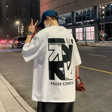 潮流短袖t恤男港风宽松黑白撞色印花夏季韩版圆领百搭休闲体恤衫商品大图