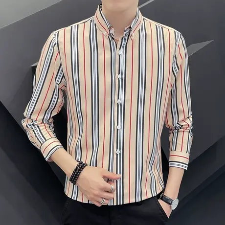 冰丝衬衫男长袖潮流竖条纹痞帅衬衣服港风秋季薄款潮牌外套男上衣商品大图