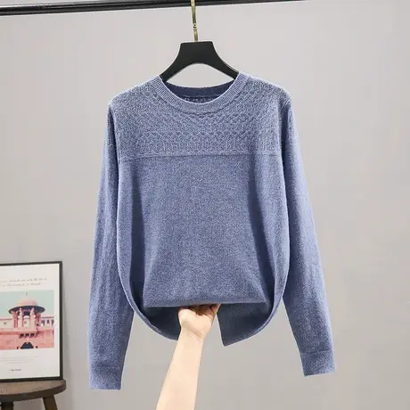 2023春秋新款韩版宽松圆领纯色长袖针织衫女士百搭套头毛衣打底衫商品大图