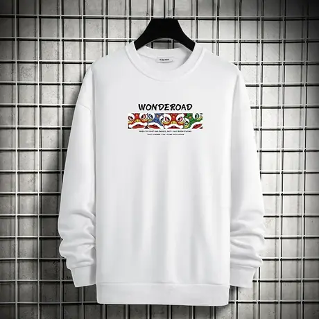 国潮卫衣男士春秋款套头无帽白色上衣服宽松潮流百搭加绒圆领长袖图片