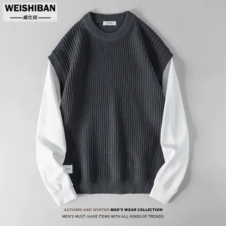 春秋冬季新款暖男风假两件背心潮套头打底衫坎肩宽松外穿针织马甲图片