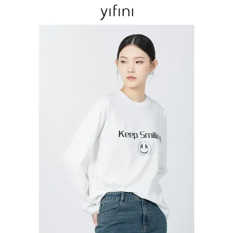 Yifini/易菲宽松时尚印花针织长袖T恤女春秋新款圆领通勤上衣商品大图