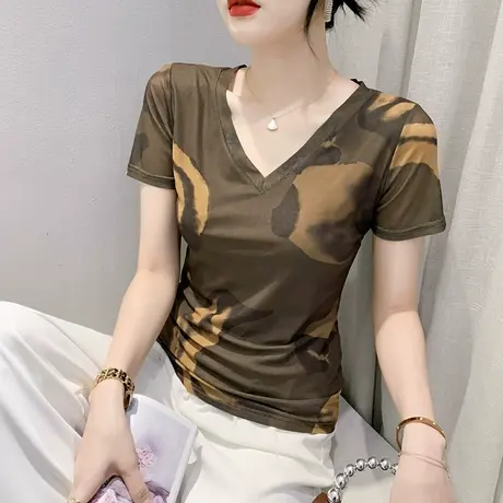 时尚网纱短袖上衣女夏装2023新款漂亮扎染印花T恤性感V领修身小衫商品大图
