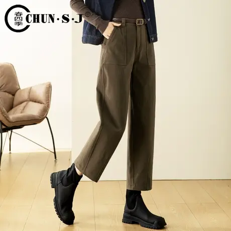 宽松咖色休闲裤女2023新款九分加绒裤子秋冬季工装裤萝卜裤哈伦裤商品大图