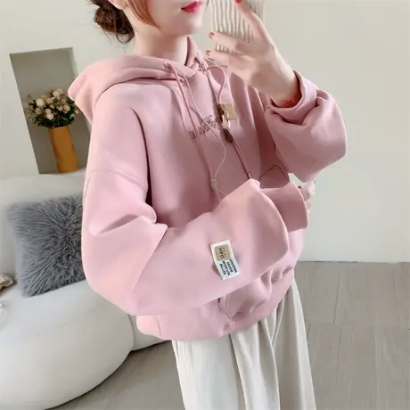 设计感短款加绒加厚连帽卫衣女秋冬2023年新款宽松慵懒风超火上衣商品大图