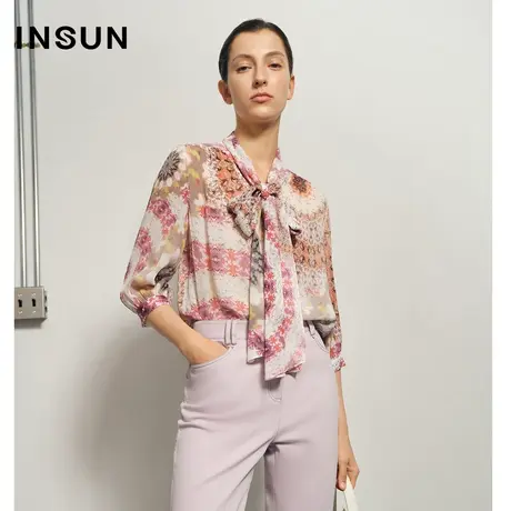 INSUN恩裳夏季蝴蝶结桑蚕丝七分袖衬衫图片