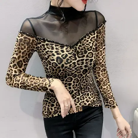 网纱拼接豹纹上衣女长袖2024春秋新款半高领打底衫漂亮钉珠T恤ins图片
