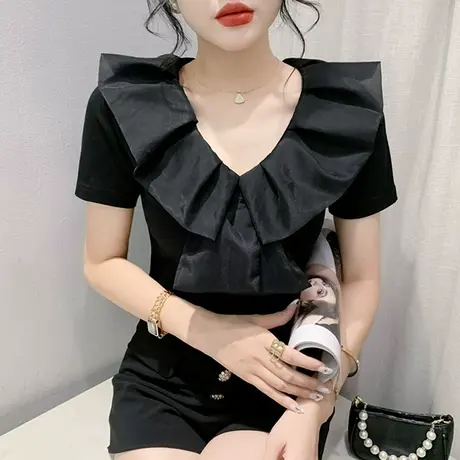 欧货设计感木耳边T恤女短袖夏季新款气质百搭小衫时尚修身上衣ins商品大图