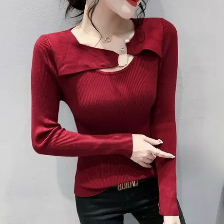 设计感镂空针织衫女秋冬欧货洋气不规则长袖上衣纯色百搭紧身毛衣图片