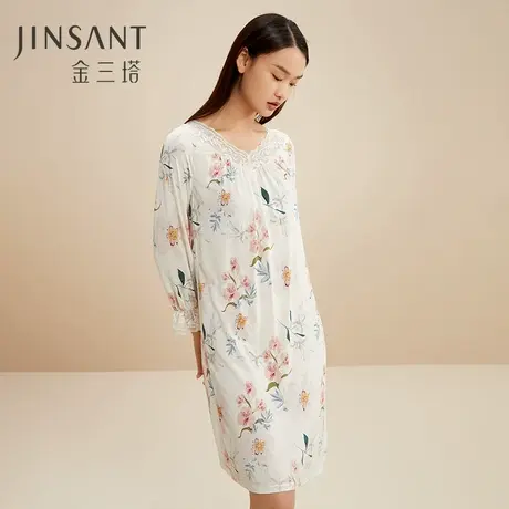 金三塔100%桑蚕丝真丝针织舒适好眠女拼蕾丝繁华之名印花睡裙睡衣商品大图