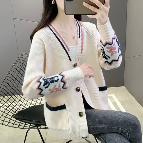 2023年秋季新款毛衣外套女V领针织衫韩版宽松女上衣秋装开衫外穿图片