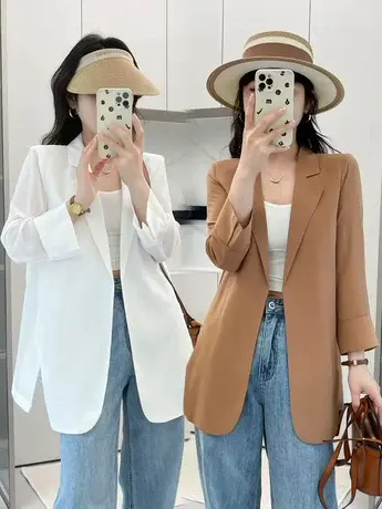 雪纺小西装外套女薄款2023新款夏韩版白色高级感单西服上衣防晒衣商品大图