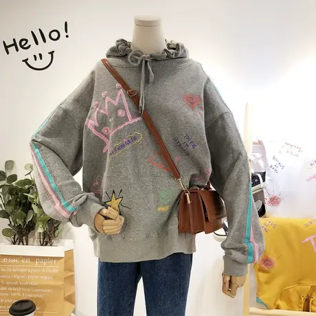 2019秋季新款韩国东大门ulzzang怪味港风钉珠连帽卫衣毛圈棉宽松图片