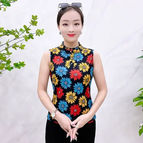 木耳边娃娃领打底衫女秋冬季无袖洋气t恤气质内搭印花上衣保暖商品大图