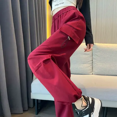 美式工装裤子女2023秋季新款高腰宽松显瘦直筒休闲阔腿束脚运动裤图片