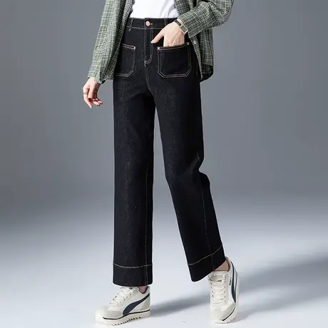 高腰直筒牛仔裤女2023年新款春秋黑色裤子阔腿九分裤小个子烟管裤商品大图