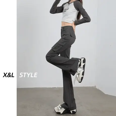 灰色工装微喇叭裤女高腰秋季2023年新款美式小众显瘦休闲马蹄裤子图片