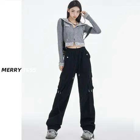 黑色抽绳设计工装裤女夏2023新款春秋直筒牛仔宽松阔腿休闲运动裤图片