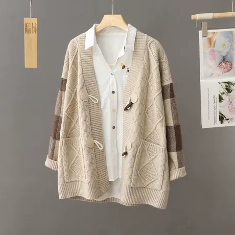 秋季2023年新款文艺范单排扣长袖拼色针织开衫女宽松毛衣外套女装图片