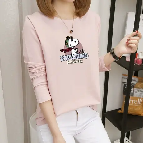 2022春装新款圆领拼色百搭上衣时尚插肩袖休闲长袖T恤女纯棉体恤图片