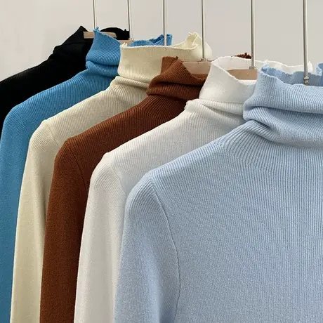 高领针织打底衫女2023秋冬新款纯色韩版修身弹力薄款套头内搭毛衣商品大图