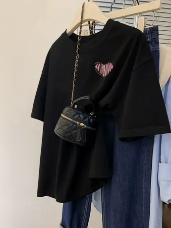 黑色仿棉短袖t恤女2023新款夏季欧货小众设计感洋气显瘦遮肉上衣商品大图