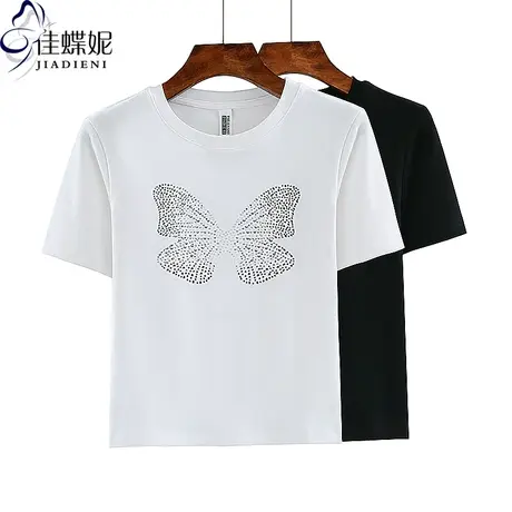 夏季新款圆领修身短款纯欲辣妹纯棉纯色烫钻短袖体恤上衣女打底衫商品大图