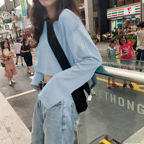 2024年新款初秋季港味上衣白色短款宽松外穿早秋衣长袖t恤女装潮商品大图