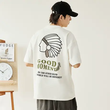 美式复古纯白色t恤男短袖2023新款印第安民族风男款潮流白色体恤图片