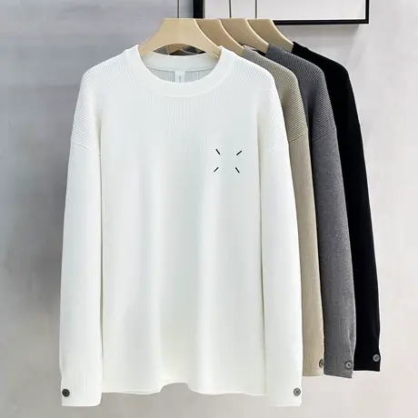 秋冬季圆领毛衣男宽松百搭加厚肌理感毛衫男士白色打底外穿针织衫商品大图