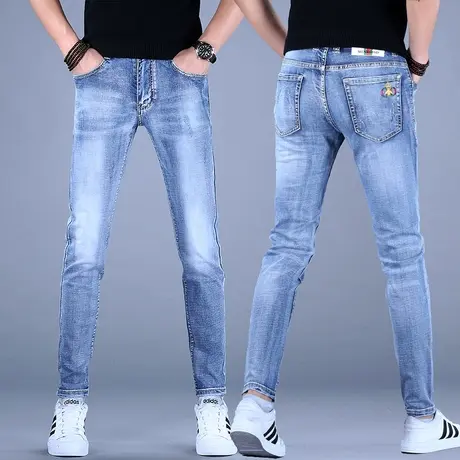 新款男士高端美式高街牛仔裤男款秋冬款加绒修身小脚裤子弹力休闲商品大图