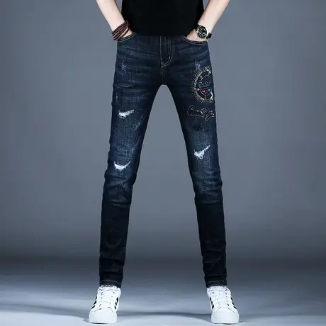 高级感品牌牛仔裤男款美式高街裤子潮流男士秋冬2023新款小脚修身商品大图