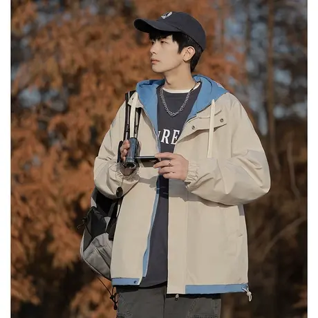 假两件外套男士春秋季2023新款美式潮牌连帽冲锋衣夹克男生棒球服商品大图