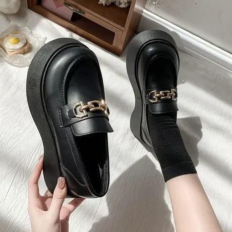 厚底松糕英伦风乐福鞋女2023年春秋新款软底单鞋圆头一脚蹬小皮鞋商品大图