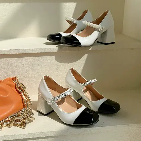 法式玛丽珍鞋女复古粗跟2024新款厚底春秋单鞋黑白鞋子气质高跟鞋图片