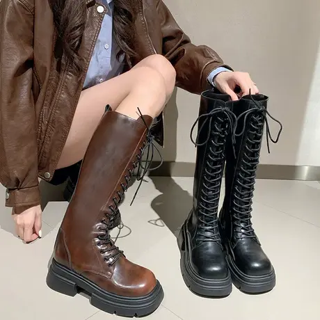 长筒靴女2023春秋新款网红小众设计感超火显瘦靴子粗跟厚底骑士靴图片