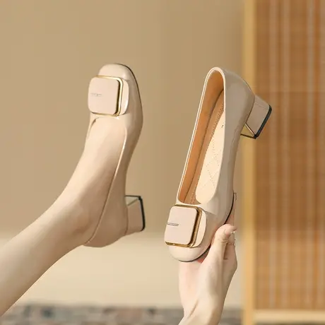 单鞋女2024夏季新款圆头气质名媛宴会鞋粗跟浅口高跟鞋纯色不累脚图片