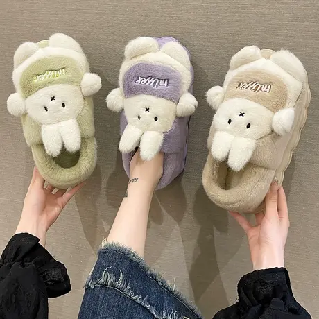 新款棉拖鞋女冬季可爱兔子毛绒保暖室内居家厚底防滑月子包跟棉鞋商品大图